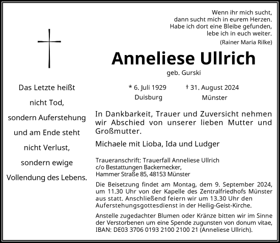 Traueranzeige von Anneliese Ullrich von Rheinische Post