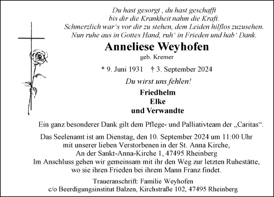 Traueranzeige von Anneliese Weyhofen von Rheinische Post