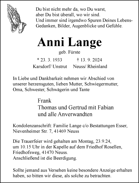 Traueranzeige von Anni Lange von Rheinische Post