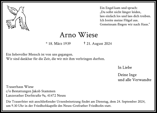 Traueranzeige von Arno Wiese von Rheinische Post