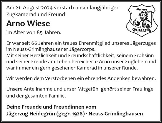 Traueranzeige von Arno Wiese von Rheinische Post