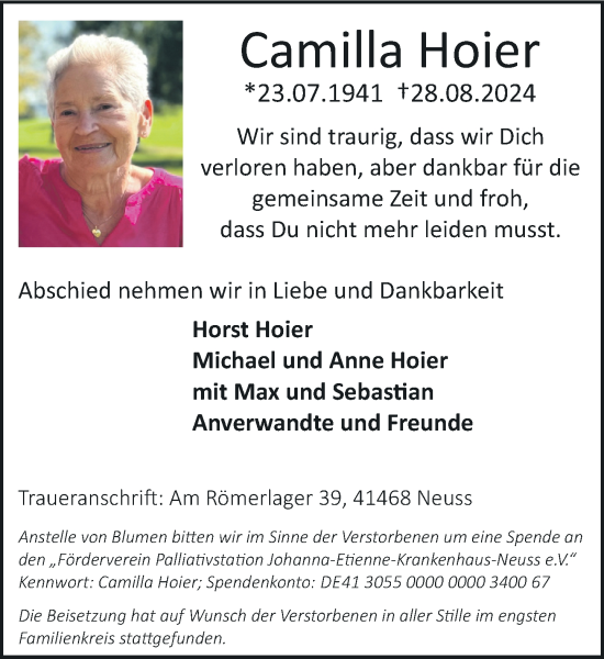 Traueranzeige von Camilla Hoier von Rheinische Post