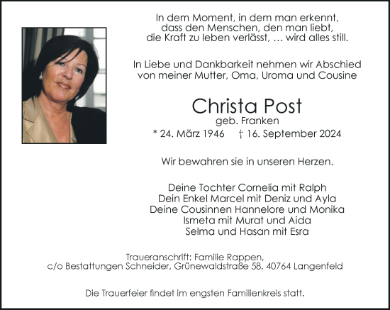 Traueranzeige von Christa Post von Rheinische Post