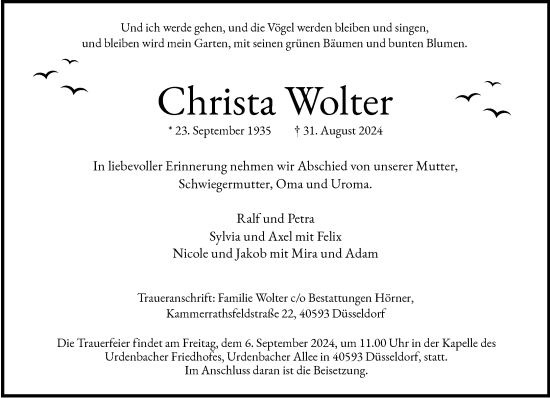 Traueranzeige von Christa Wolter von Rheinische Post