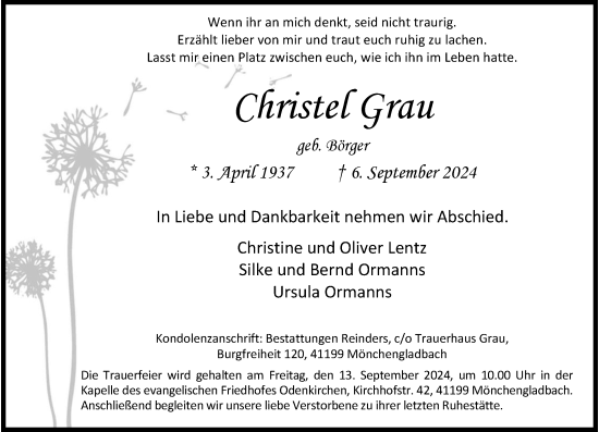 Traueranzeige von Christel Grau von Rheinische Post