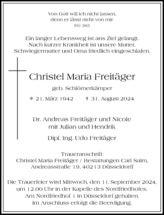 Traueranzeige von Christel Maria Freitäger von Rheinische Post