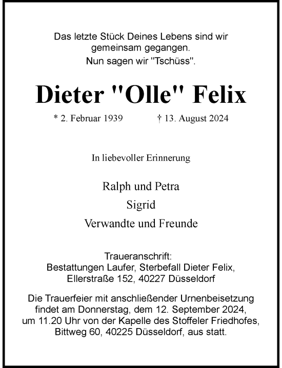 Traueranzeige von Dieter Felix von Rheinische Post