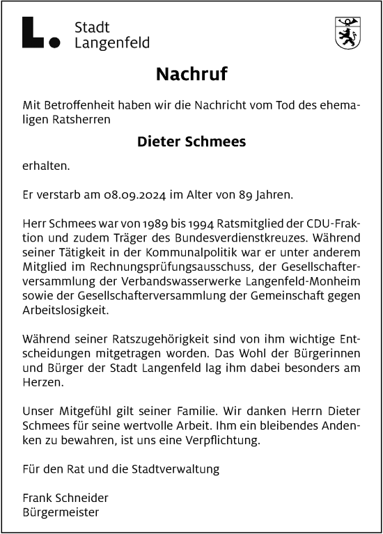 Traueranzeige von Dieter Schmees von Rheinische Post