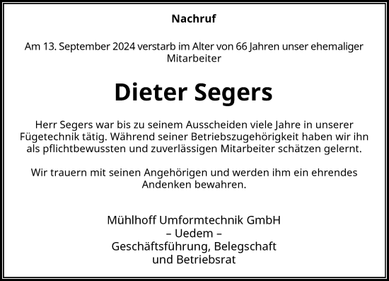 Traueranzeige von Dieter Segers von Rheinische Post