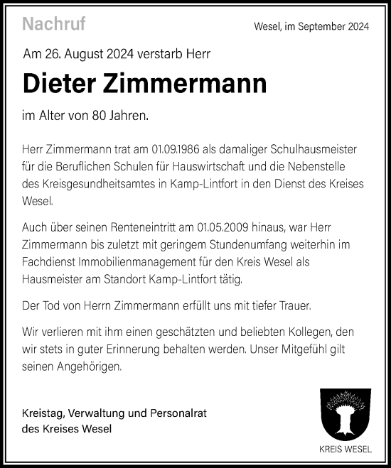 Traueranzeige von Dieter Zimmermann von Rheinische Post