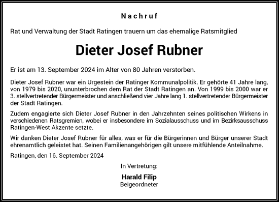 Traueranzeige von Dieter Josef Rubner von Rheinische Post