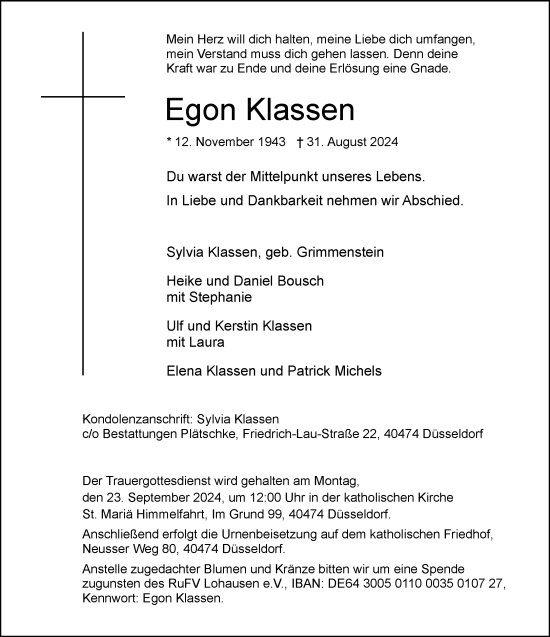 Traueranzeige von Egon Klassen von Rheinische Post