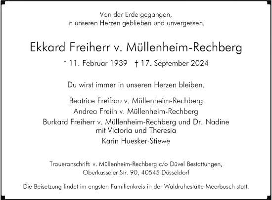 Traueranzeige von Ekkard Freiherr v. Müllenheim-Rechberg von Rheinische Post