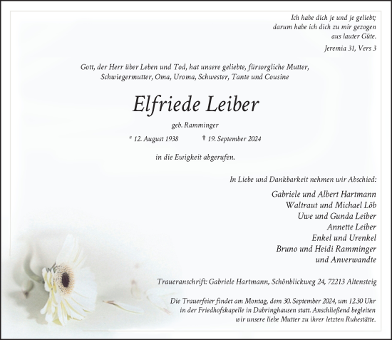 Traueranzeige von Elfriede Leiber von Rheinische Post