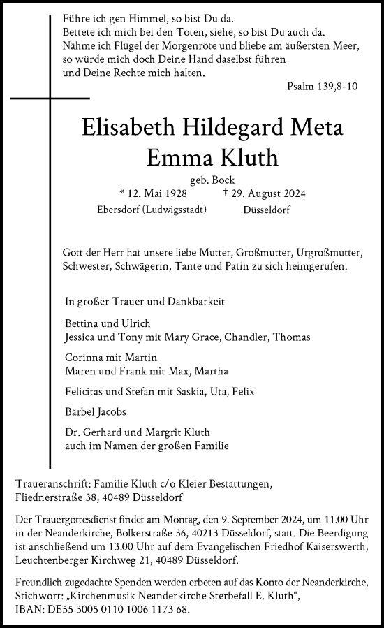 Traueranzeige von Elisabeth Hildegard Meta Emma Kluth von Rheinische Post