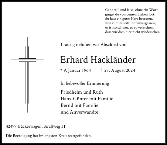 Traueranzeige von Erhard Hackländer von Rheinische Post