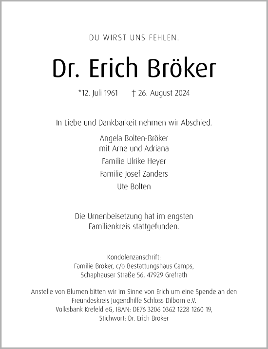 Traueranzeige von Erich Bröker von Rheinische Post