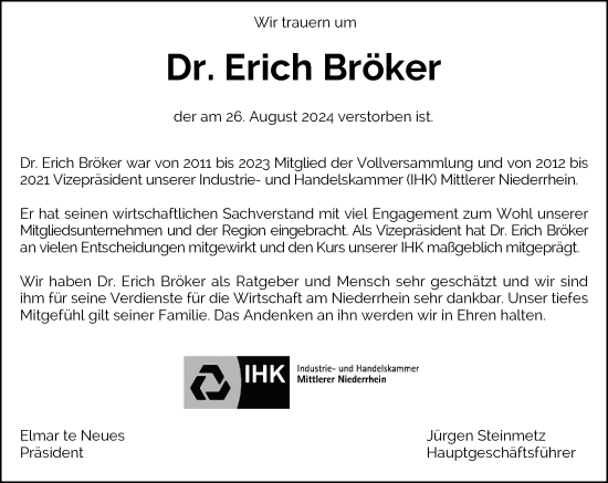 Traueranzeige von Erich Bröker von Rheinische Post