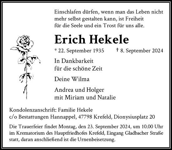 Traueranzeige von Erich Hekele von Rheinische Post