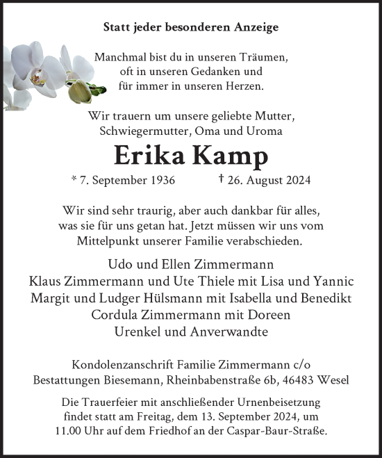 Traueranzeige von Erika Kamp von Rheinische Post