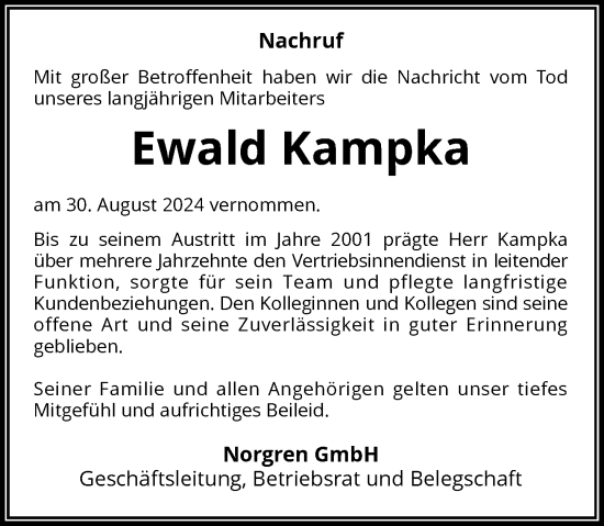 Traueranzeige von Ewald Kampka von Rheinische Post