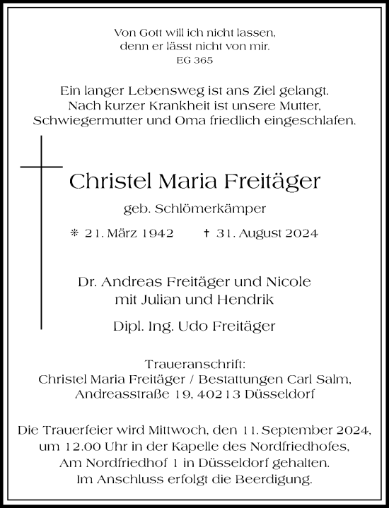 Traueranzeige von Christel Maria Freitäger von Rheinische Post