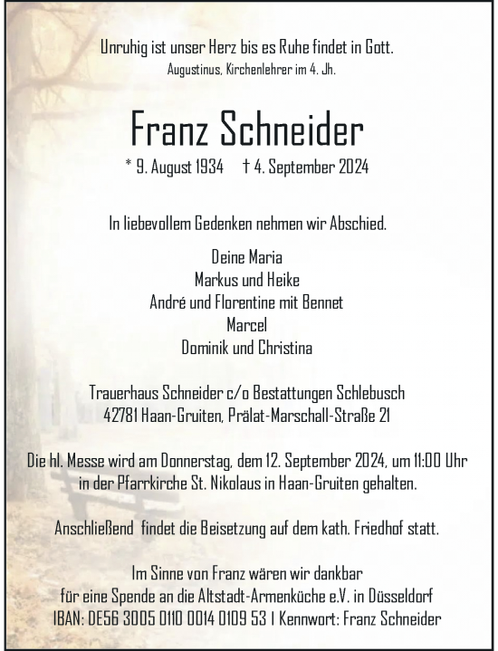 Traueranzeige von Franz Schneider von Rheinische Post