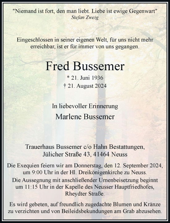 Traueranzeige von Fred Bussemer von Rheinische Post