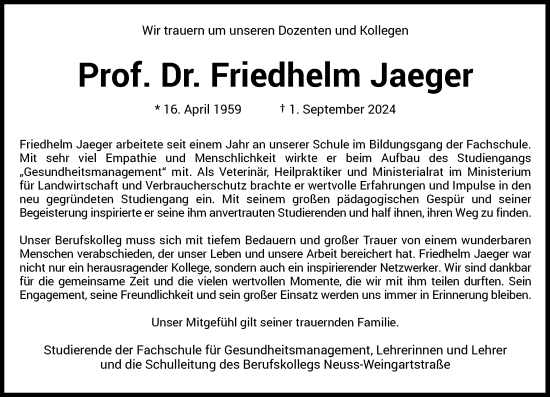 Traueranzeige von Friedhelm Jaeger von Rheinische Post