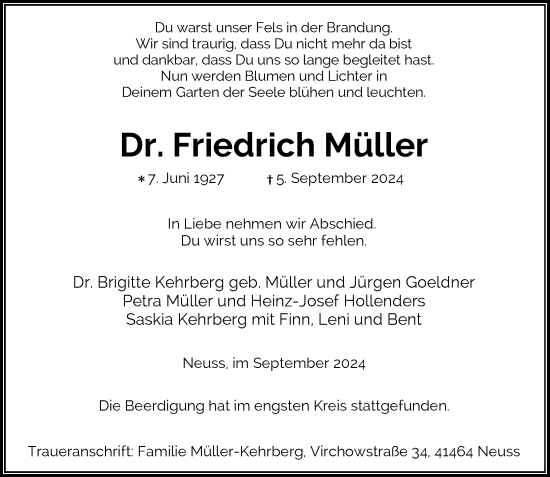 Traueranzeige von Friedrich Müller von Rheinische Post