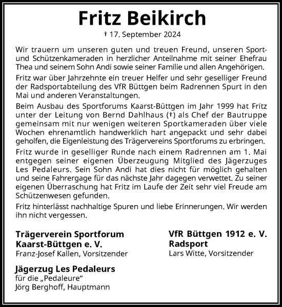 Traueranzeige von Fritz Beikirch von Rheinische Post