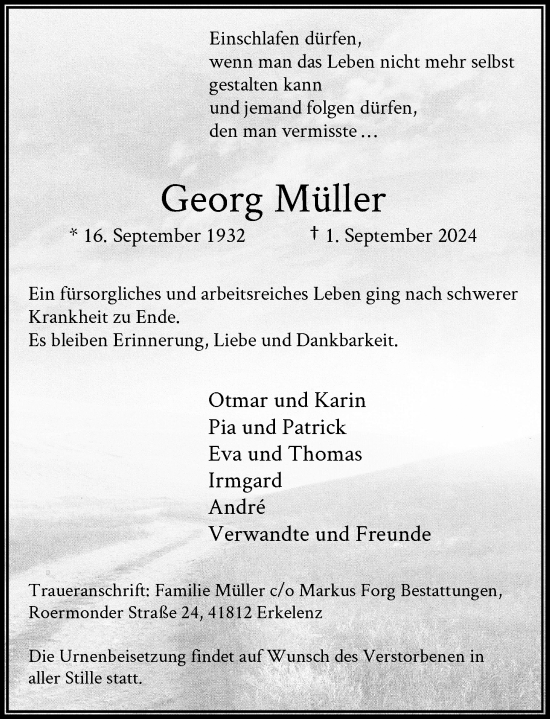 Traueranzeige von Georg Müller von Rheinische Post