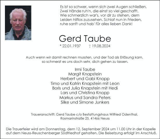 Traueranzeige von Gerd Taube von Rheinische Post