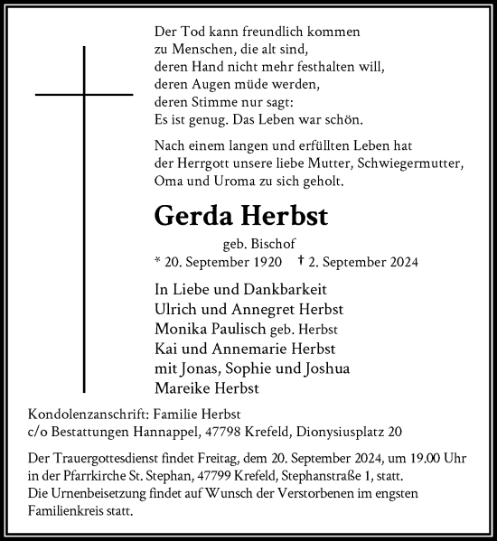 Traueranzeige von Gerda Herbst von Rheinische Post