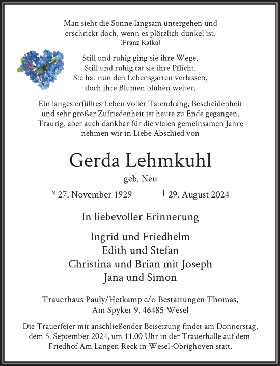 Traueranzeige von Gerda Lehmkuhl von Rheinische Post