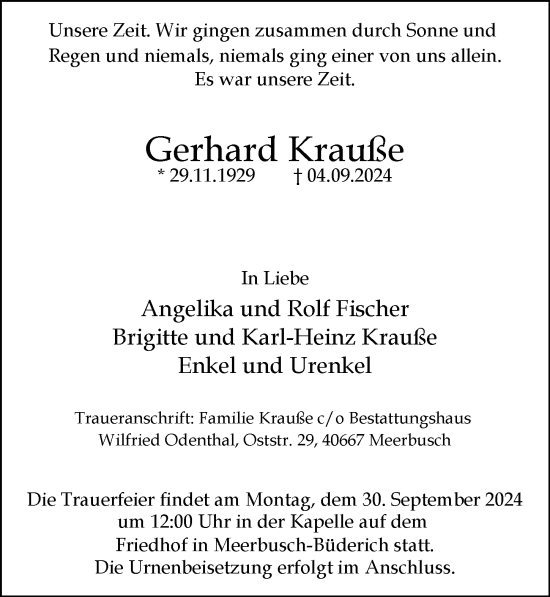 Traueranzeige von Gerhard Krauße von Rheinische Post