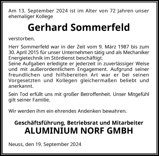 Traueranzeige von Gerhard Sommerfeld von Rheinische Post