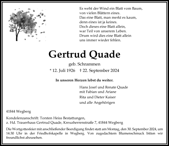 Traueranzeige von Gertrud Quade von Rheinische Post