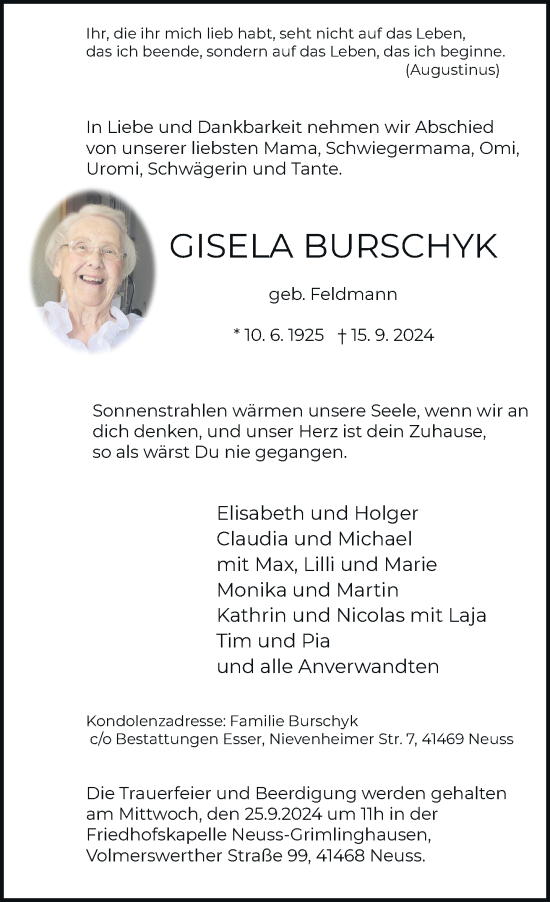 Traueranzeige von Gisela Burschyk von Rheinische Post