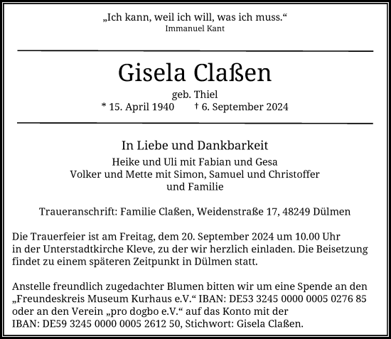 Traueranzeige von Gisela Claßen von Rheinische Post