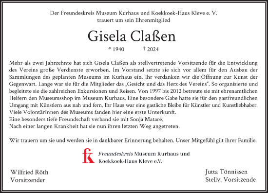 Traueranzeige von Gisela Claßen von Rheinische Post