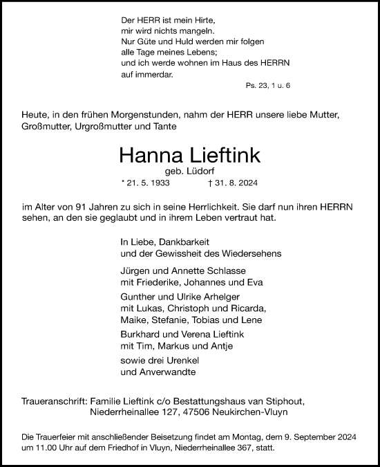 Traueranzeige von Hanna Lieftink von Rheinische Post