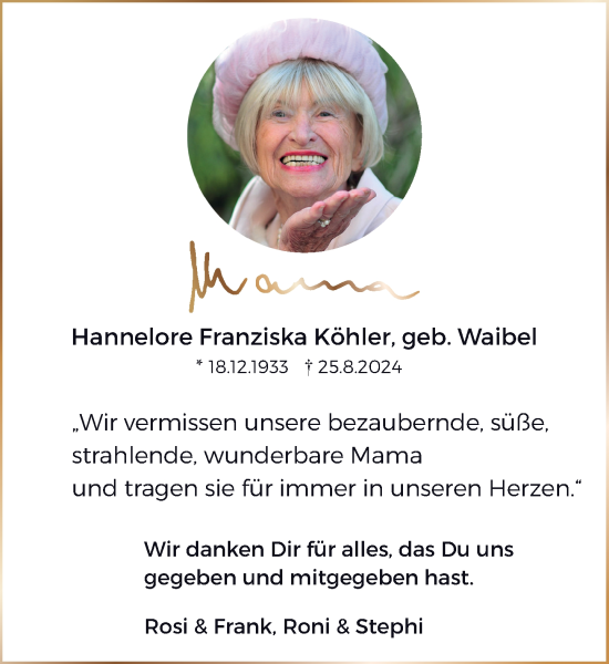 Traueranzeige von Hannelore Franziska Köhler von Rheinische Post