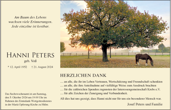 Traueranzeige von Hanni Peters von Rheinische Post