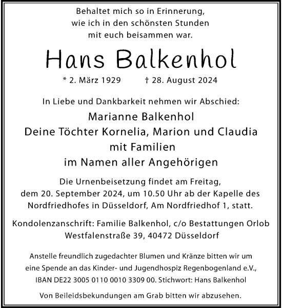 Traueranzeige von Hans Balkenhol von Rheinische Post