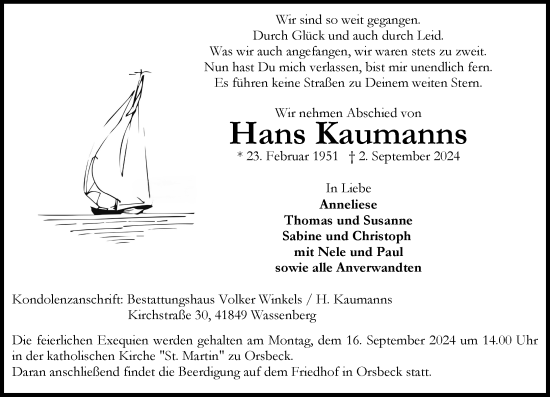 Traueranzeige von Hans Kaumanns von Rheinische Post