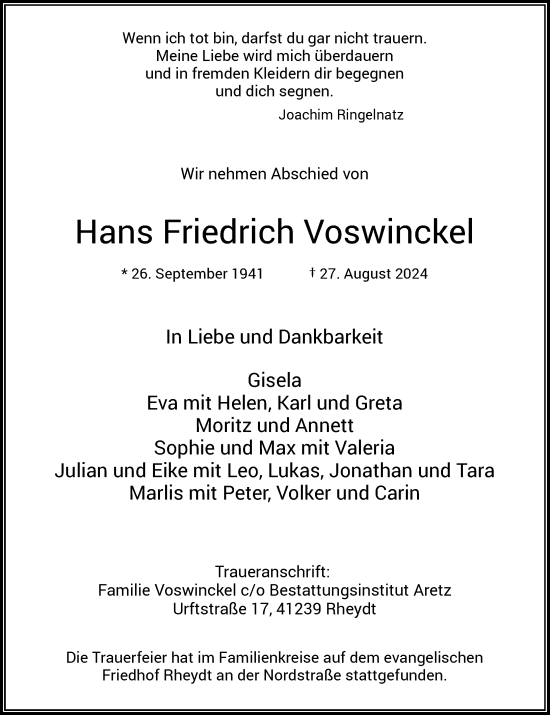 Traueranzeige von Hans Friedrich Voswinckel von Rheinische Post