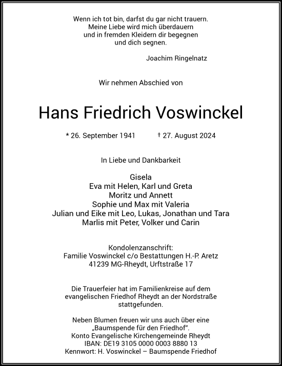 Traueranzeige von Hans Friedrich Voswinckel von Rheinische Post