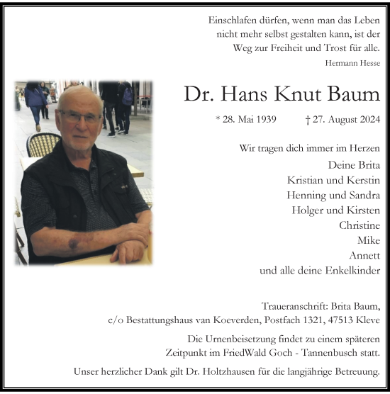 Traueranzeige von Hans Knut Baum von Rheinische Post