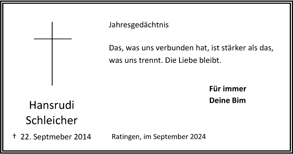  Traueranzeige für Hansrudi Schleicher vom 21.09.2024 aus Rheinische Post